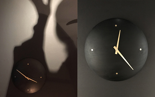 "Dark Star Clock"  &emsp; Turned sycamore wood, sumi ink finish, handmade brass fittings &emsp; 2020